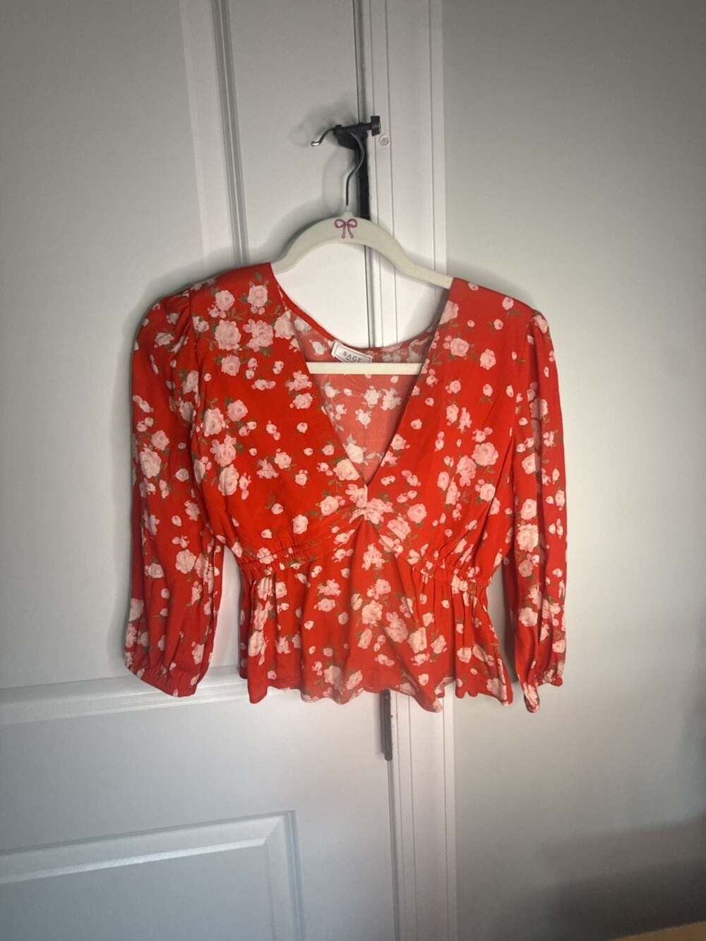 Sage The Label Red Floral V-Neck Smocked Waist Long Sleeve Blouse